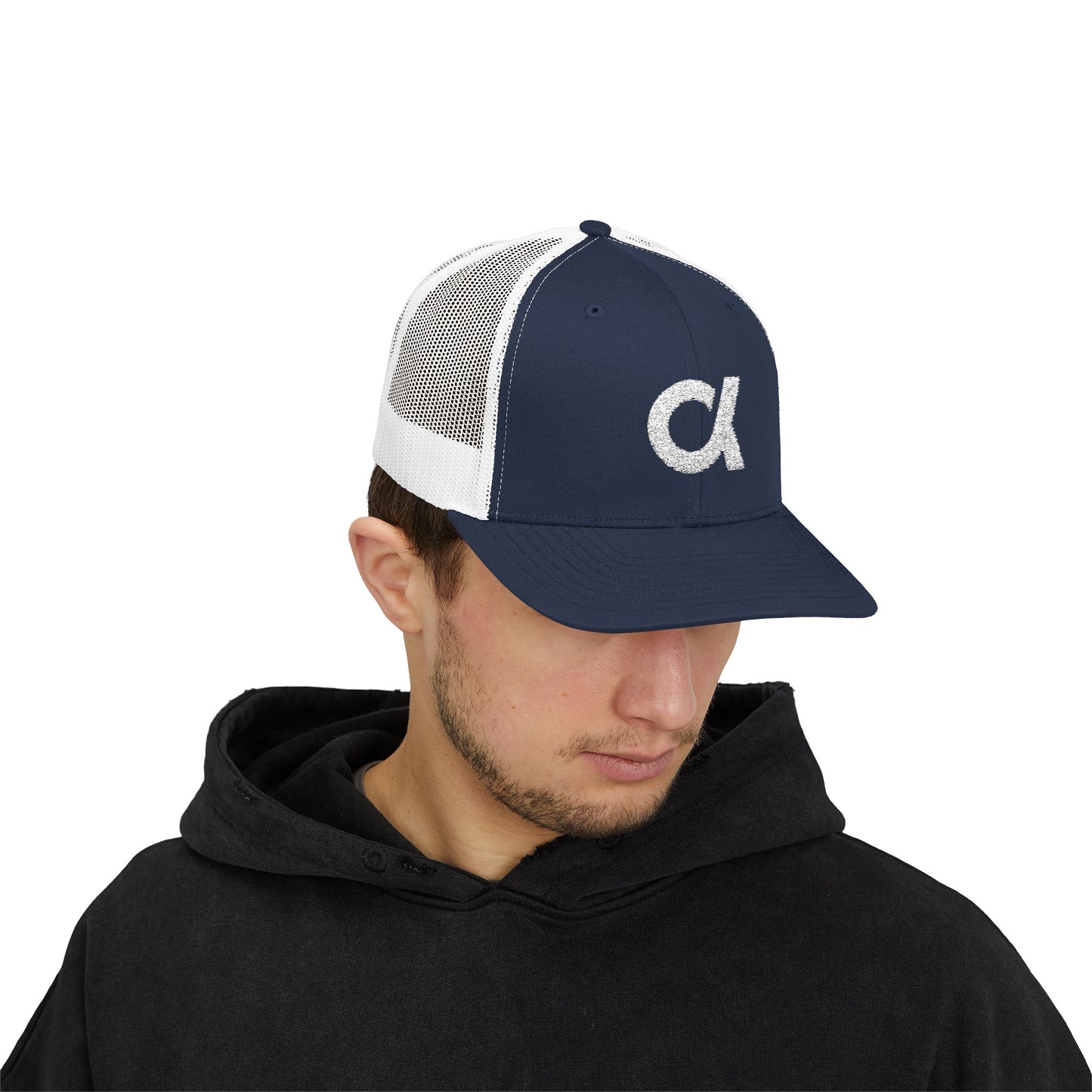 Trucker Cap with Distressed Alpha Logo — Casual Snapback Mesh Hat