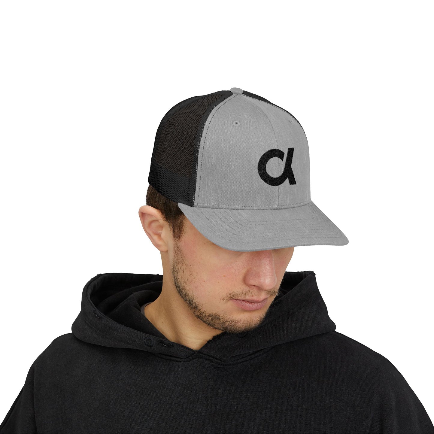 Trucker Cap with Distressed Alpha Logo — Casual Snapback Mesh Hat