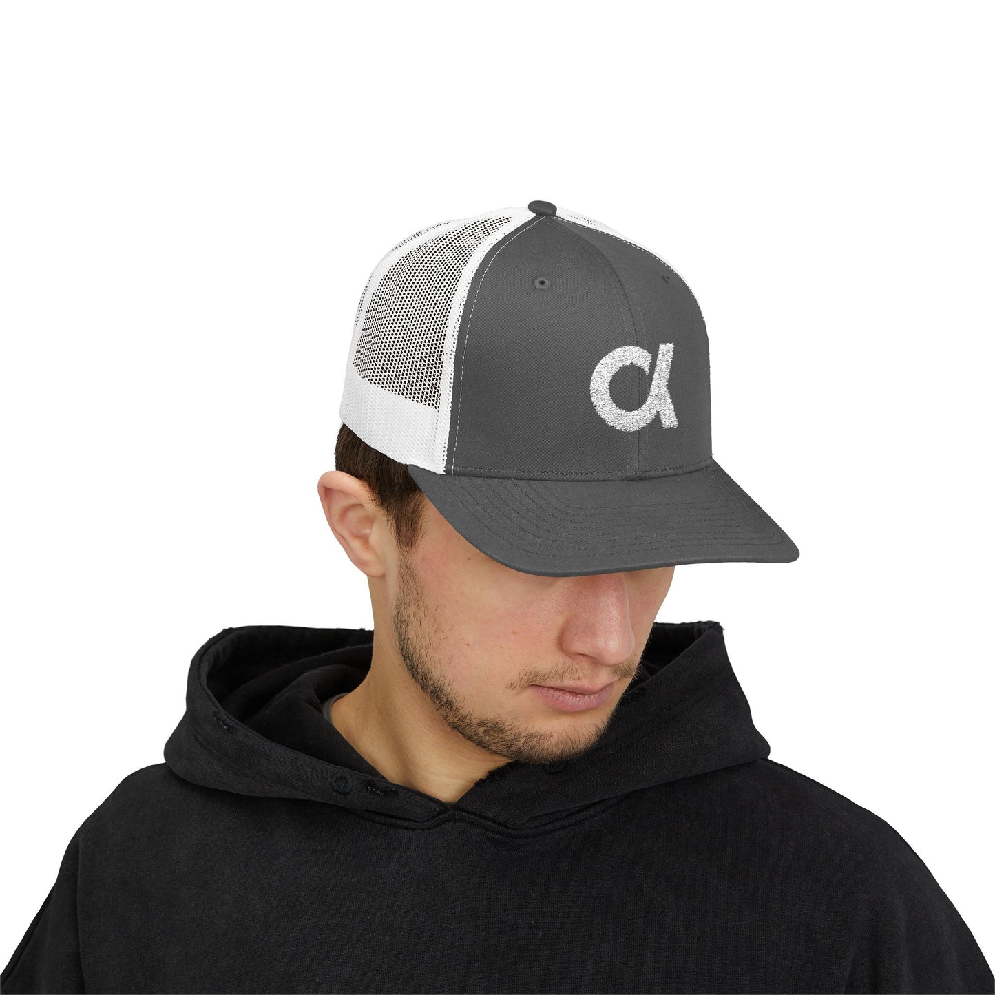 Trucker Cap with Distressed Alpha Logo — Casual Snapback Mesh Hat