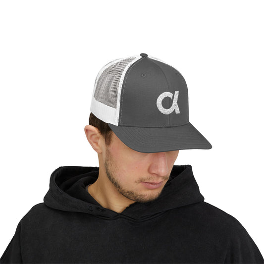 Trucker Cap with Distressed Alpha Logo — Casual Snapback Mesh Hat