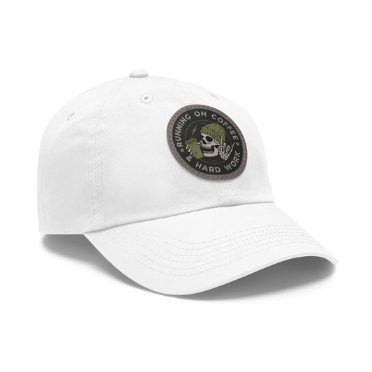 Stylish Dad Hat with Leather Patch, Casual Hat, Gift for Coffee Lovers, Hard Work Cap, Everyday Wear, Unique Fashion Accessory